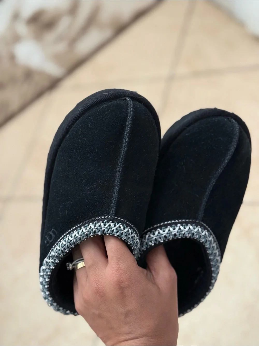 Kids UGG Black Suede Slip-On Clog with Braided Trim